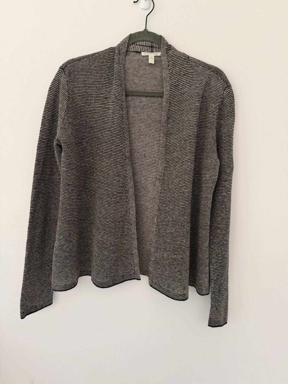 Eileen Fisher Cardigan S 100% Organic Linen Black White Open Front Minimalist